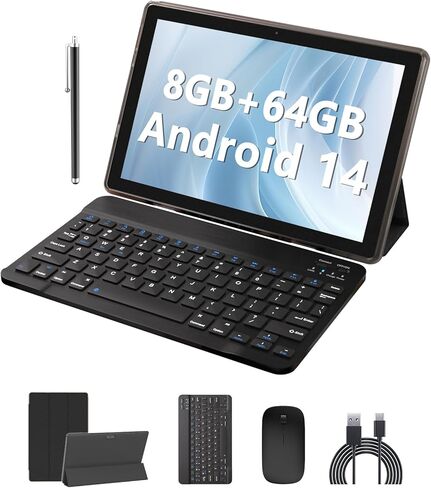 تابلت Android 14، 10 بوصة 8 جيجابايت رام + 64 جيجابايت روم + 1 تيرابايت توسيع، معالج رباعي النواة 1.8 جيجا هرتز، 2 في 1 أجهزة لوحية مع لوحة مفاتيح/ماوس/حافظة/قلم، كاميرا 8 ميجابكسل، بطارية 6000 مللي أمبير، شاشة عالية الدقة 1280 * 800، 5G WiFi 6 قرص in Kuwait