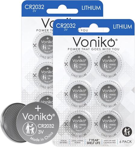 Voniko CR2032 3V Lithium Batteries 6 Pack for Child Safety, Compatible with AirTag, Key Fobs, Thermometers, Scales – 7 Years Shelf Life in Saudi Arabia