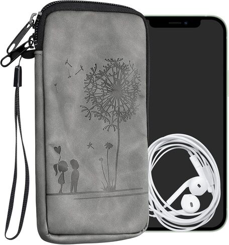 kwmobile Universal Smartphone Pouch Size L - 6.5" - Synthetic Leather Case w/Zipper - Dandelion Love Grey in Saudi Arabia