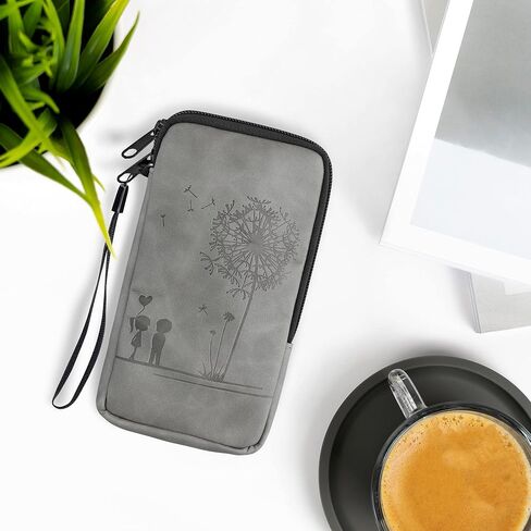 kwmobile Universal Smartphone Pouch Size L - 6.5" - Synthetic Leather Case w/Zipper - Dandelion Love Grey in Saudi Arabia
