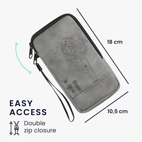 kwmobile Universal Smartphone Pouch Size L - 6.5" - Synthetic Leather Case w/Zipper - Dandelion Love Grey in Saudi Arabia