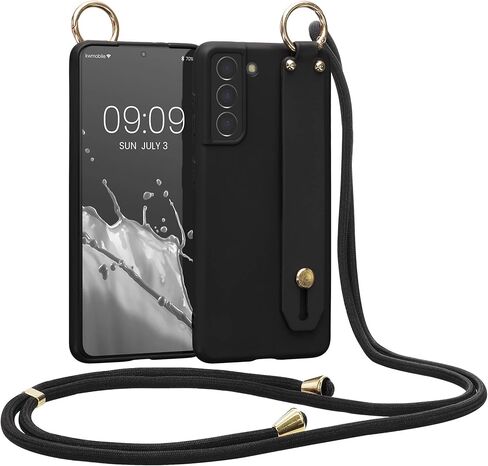 حافظة kwmobile متوافقة مع هاتف Samsung Galaxy S21 - غطاء هاتف ناعم من مادة TPU مع حامل حزام اليد وحبل - أسود in Saudi Arabia