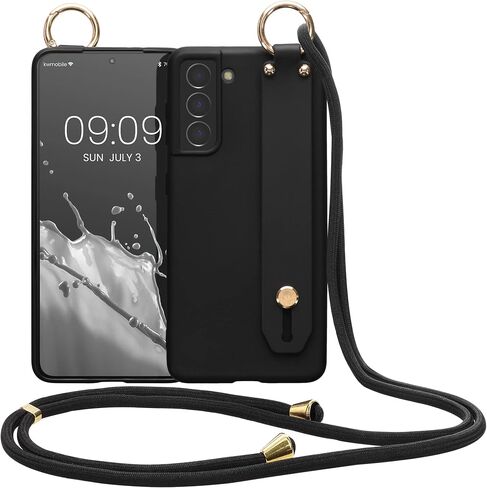 حافظة kwmobile متوافقة مع هاتف Samsung Galaxy S21 - غطاء هاتف ناعم من مادة TPU مع حامل حزام اليد وحبل - أسود in Saudi Arabia
