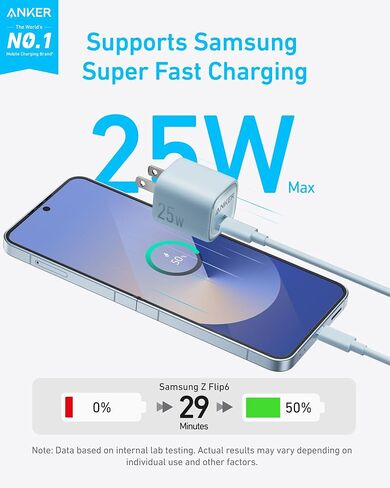 كتلة شاحن USB C بقوة 25 وات من Anker، مدمجة وقابلة للطي، تدعم الشحن السريع PPS لجهاز Galaxy S24/Z Fold/Z Flip/Tab، iPhone، iPad (أسود) in Kuwait