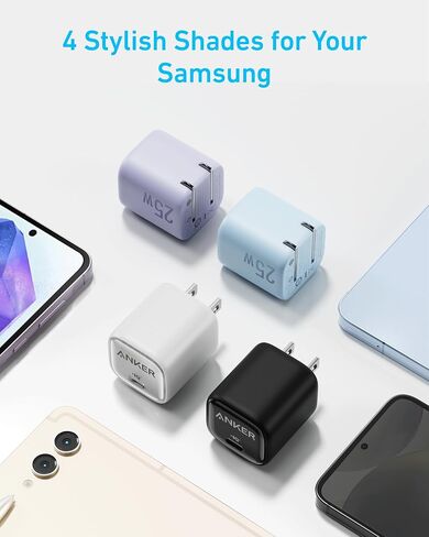 كتلة شاحن USB C بقوة 25 وات من Anker، مدمجة وقابلة للطي، تدعم الشحن السريع PPS لجهاز Galaxy S24/Z Fold/Z Flip/Tab، iPhone، iPad (أسود) in Kuwait