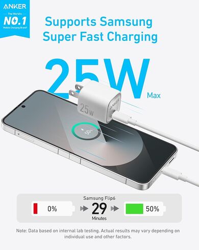 كتلة شاحن USB C بقوة 25 وات من Anker، مدمجة وقابلة للطي، تدعم الشحن السريع PPS لجهاز Galaxy S24/Z Fold/Z Flip/Tab، iPhone، iPad (أسود) in Kuwait