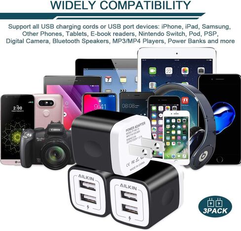 Wall Charger, 3Pack 5V/2.1A AILKIN 2-Port USB Wall Charger Home Travel Plug Power AC Adapter Fast Charging Block Cube for iPhone 15 14 13 12 SE 11Pro Max XS XR 8 Plus, Samsung Galaxy, Google Pixel Box in Saudi Arabia