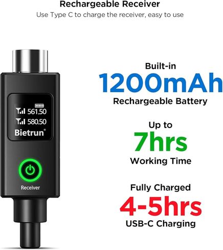 جهاز استقبال/محول Bietrun فقط WXM19-2، WXM21-3، مع بطارية 1200 مللي أمبير في الساعة لمدة 7 ساعات، وقت الاستخدام عند الشحن بالكامل خلال 4-5 ساعات، مخرج XLR، نطاق إشارة UHF 160 قدمًا - 240 قدمًا in Kuwait