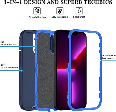 Phone Case for iPhone 13 Pro Case with HD Screen Protector, Heavy Duty Shockproof & DustProof & Dropproof 3-Layer Cover Phone Case for iPhone 13 Pro (6.1'') (PurpleSkyBlue) in Saudi Arabia