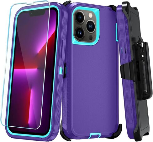 Phone Case for iPhone 13 Pro Case with HD Screen Protector, Heavy Duty Shockproof & DustProof & Dropproof 3-Layer Cover Phone Case for iPhone 13 Pro (6.1'') (PurpleSkyBlue) in Saudi Arabia