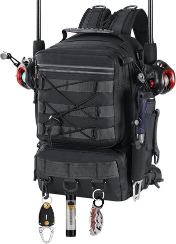 MoKo Fishing Backpack Sling Bag with Rod & Gear Holder, Nylon Waterproof Fishing Tackle Storage Bag for Fishing, Camping, Hiking, Hunting, Fishing Gifts for Men Father, Black in Saudi Arabia