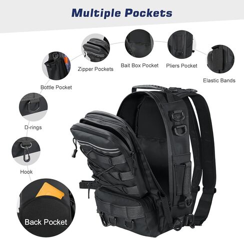 MoKo Fishing Backpack Sling Bag with Rod & Gear Holder, Nylon Waterproof Fishing Tackle Storage Bag for Fishing, Camping, Hiking, Hunting, Fishing Gifts for Men Father, Black in Saudi Arabia