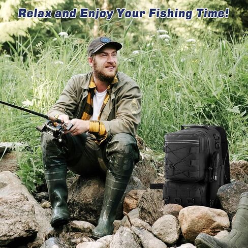 MoKo Fishing Backpack Sling Bag with Rod & Gear Holder, Nylon Waterproof Fishing Tackle Storage Bag for Fishing, Camping, Hiking, Hunting, Fishing Gifts for Men Father, Black in Saudi Arabia