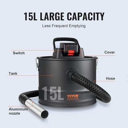 VEVOR Cordless Ash Vacuum Cleaner, 15L Capacity Powerful Suction, Portable Vacuum Cleaner with Reverse Suction, 5.9 ft Power Cable, 10 Kpa Max. Vacuum, for Fireplaces, Pellet Stoves, Wood Stove, Black in Saudi Arabia