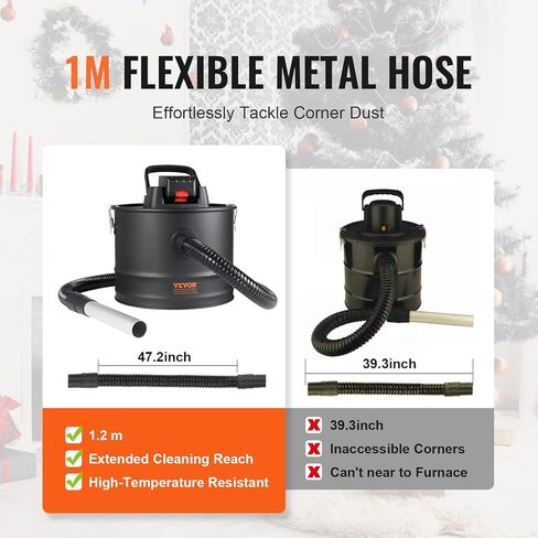 VEVOR Cordless Ash Vacuum Cleaner, 15L Capacity Powerful Suction, Portable Vacuum Cleaner with Reverse Suction, 5.9 ft Power Cable, 10 Kpa Max. Vacuum, for Fireplaces, Pellet Stoves, Wood Stove, Black in Saudi Arabia