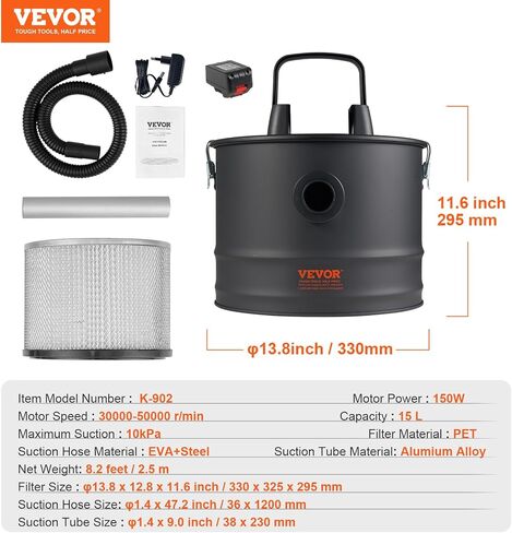 VEVOR Cordless Ash Vacuum Cleaner, 15L Capacity Powerful Suction, Portable Vacuum Cleaner with Reverse Suction, 5.9 ft Power Cable, 10 Kpa Max. Vacuum, for Fireplaces, Pellet Stoves, Wood Stove, Black in Saudi Arabia