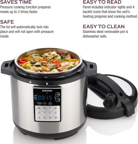 Zavor LUX LCD 6 Quart Programmable Electric Multi-Cooker: Pressure Cooker, Slow Cooker, Rice Cooker, Yogurt Maker, Steamer and more - Stainless Steel (ZSELL02) in Kuwait