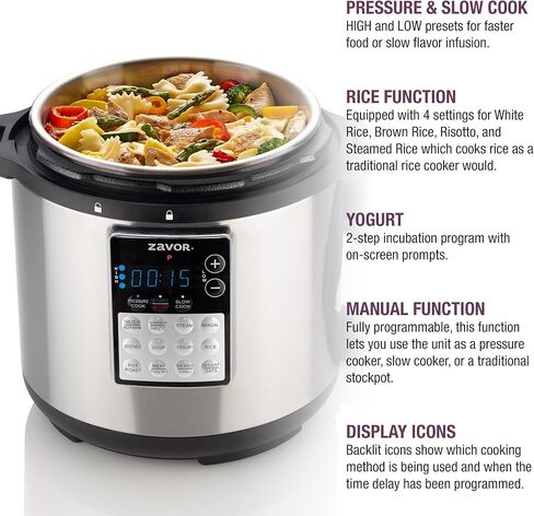 Zavor LUX LCD 6 Quart Programmable Electric Multi-Cooker: Pressure Cooker, Slow Cooker, Rice Cooker, Yogurt Maker, Steamer and more - Stainless Steel (ZSELL02) in Kuwait