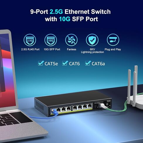 8 Port Unmanaged Ethernet Switch with 10G SFP, VIMIN 8-Port Base-T Ports with 60Gbps Switching Capacity, Metal Housing, Fanless, for Desktop in Kuwait