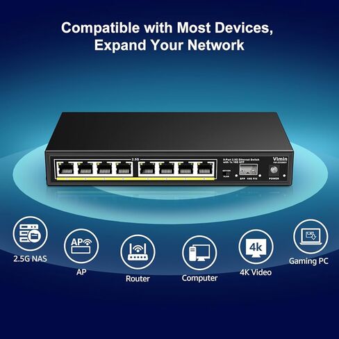 8 Port Unmanaged Ethernet Switch with 10G SFP, VIMIN 8-Port Base-T Ports with 60Gbps Switching Capacity, Metal Housing, Fanless, for Desktop in Kuwait