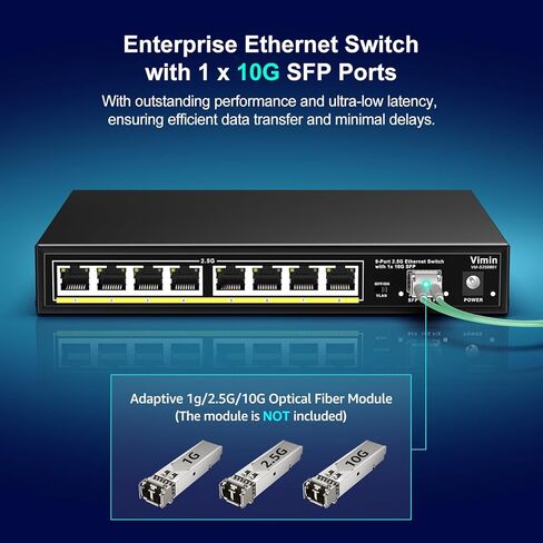 8 Port Unmanaged Ethernet Switch with 10G SFP, VIMIN 8-Port Base-T Ports with 60Gbps Switching Capacity, Metal Housing, Fanless, for Desktop in Kuwait