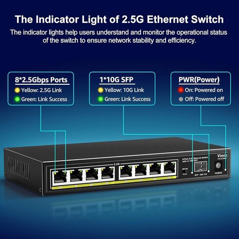 8 Port Unmanaged Ethernet Switch with 10G SFP, VIMIN 8-Port Base-T Ports with 60Gbps Switching Capacity, Metal Housing, Fanless, for Desktop in Kuwait