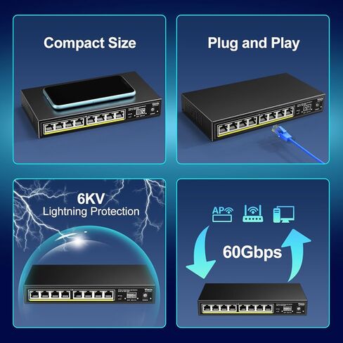 8 Port Unmanaged Ethernet Switch with 10G SFP, VIMIN 8-Port Base-T Ports with 60Gbps Switching Capacity, Metal Housing, Fanless, for Desktop in Kuwait