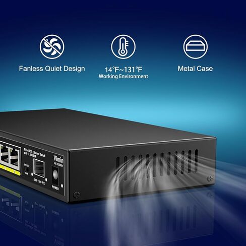 8 Port Unmanaged Ethernet Switch with 10G SFP, VIMIN 8-Port Base-T Ports with 60Gbps Switching Capacity, Metal Housing, Fanless, for Desktop in Kuwait