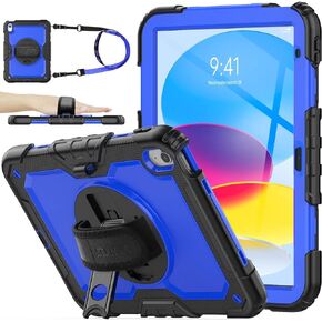 SEYMAC stock iPad 10th Generation Case 10.9'' 2022, Full-Body Drop Protection with Screen Protector Pen Holder [360° Rotate Hand Strap/Stand] (Black)