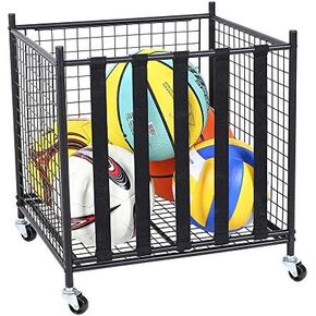 Snail Garage Sports Equipment Storage Organizer Sports Ball Storage Rolling Cart with Basket and Hooks Lockable Sports Ball Cage Storage Rack for Garages, Playgroup, Gym and Schools, Black