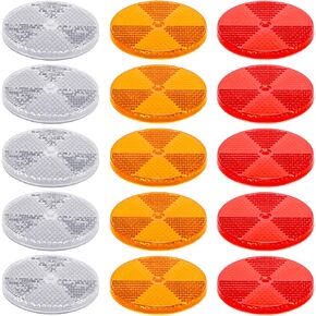 15 Pack 3.165 Inch Round Front Reflector Driveway Trailer Reflectors Reflective Mailbox Reflector Safety Reflectors for Post with Center Mounting Hole for Garage Fence Gate Car Truck, White Red Yellow