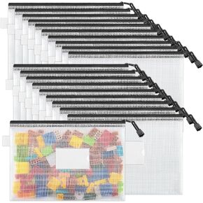 JARLINK 20 Pcs A4 Mesh Zipper Pouch, Waterproof Letter Size Zipper Bags, Puzzle Bag with Label Pocket for School, Office Supplies, Cosmetics, Travel Storage and Home Organize, Black