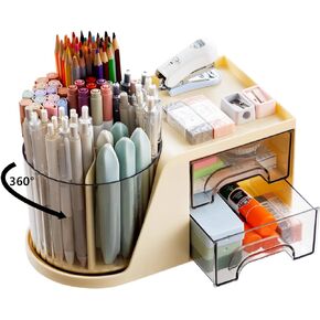 Desk Organizer, 360-Degree Rotating Pen Holder for Desk, Desk Organizers and Accessories with 6 Compartments Pencil Organizer, Art Supply Storage Box Caddy for Office, Home(White
