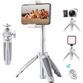K&F Concept Selfie Stick Tripod, 360 Degree Rotation Mini Phone Stand with Ball Head and Cold Shoe Mount, Cellphone Holder with Wireless Remote for Smartphone White