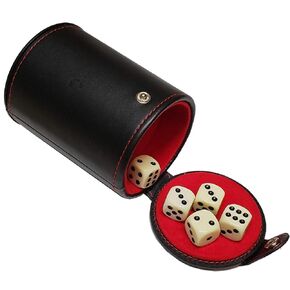 Set of 16mm Poker Dice and Black PU Leather Red Felt Lined Dice Cup with Storage Compartment (Gift Boxed)