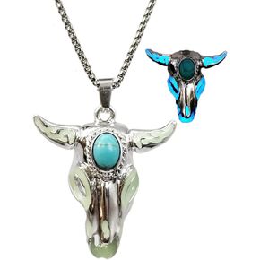 Western Necklace for Cowgirl Cowboy Bohemian Turquoise Bull Ox Head Skull Necklace for Women Men Glow in the Dark Jewelry