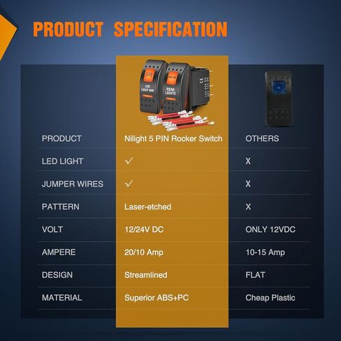 Nilight UTV LED Light Bar Rocker Switch On Off 5 PIN SPST LED Light Bar Switchs مع إضاءة خلفية برتقالية 12V 24V مفاتيح تبديل متوافقة مع Polaris RZR Can-Am ATVs UTVs Cars Trucks RVs، ضمان لمدة عامين in Kuwait
