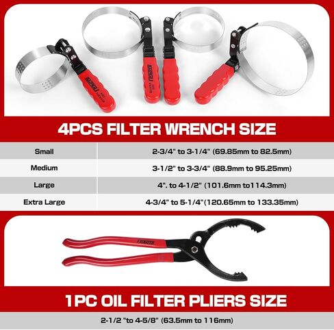 مجموعة مفاتيح ربط فلتر الزيت 5 قطع من LOZAGU، دوارة قياسية، 2-3/4 بوصة إلى 5-1/4 بوصة (68.85-133.35 مم)، كماشة فلتر زيت قابلة للتعديل 12 بوصة، أداة إزالة فلتر الزيت in Kuwait