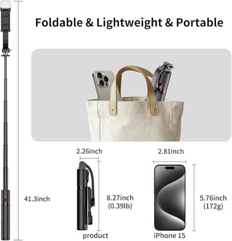Joyful 41" Phone Selfie Stick Tripod with Light and Remote Control, Portable Tripod, Cell Phone Holder for iPhone 15/14/13 and Android Samsung S22/S23 in Saudi Arabia