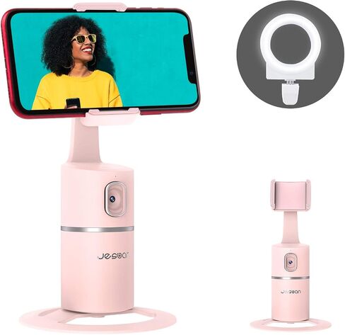 حامل ثلاثي لتتبع الوجه تلقائيًا، حامل كاميرا هاتف يدور 360 درجة مع ضوء حلقة سيلفي، بدون تطبيق، حامل تصوير ذكي يعمل بالبطارية لمدونة الفيديو المباشرة (أسود) in Saudi Arabia