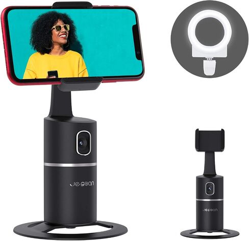 حامل ثلاثي لتتبع الوجه تلقائيًا، حامل كاميرا هاتف يدور 360 درجة مع ضوء حلقة سيلفي، بدون تطبيق، حامل تصوير ذكي يعمل بالبطارية لمدونة الفيديو المباشرة (أسود) in Saudi Arabia