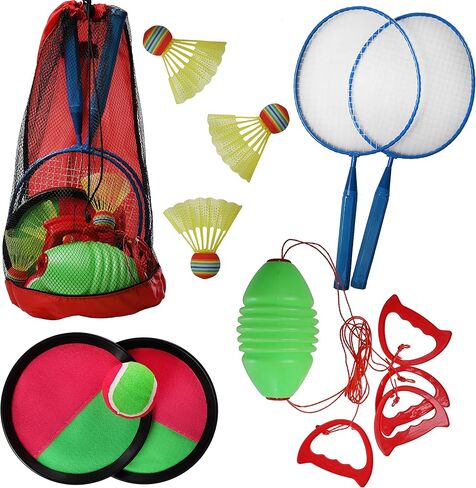 High Bounce 3 in1 Outdoor Games Combo Set for Kids, with Badminton Rackets Set, Toss and Catch Ball Set, Sliding Zoom Ball Game, Mesh Bag, Birdies, and Tennis Ball Included in Kuwait