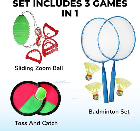 High Bounce 3 in1 Outdoor Games Combo Set for Kids, with Badminton Rackets Set, Toss and Catch Ball Set, Sliding Zoom Ball Game, Mesh Bag, Birdies, and Tennis Ball Included in Kuwait