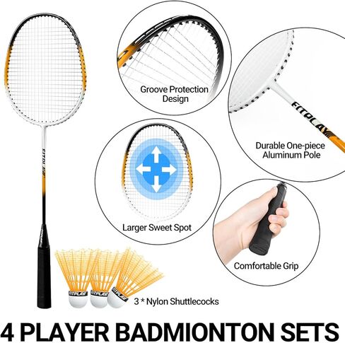 مجموعة كرة الريشة للفناء الخلفي، شبكة كرة الريشة المحمولة مع 4 مضارب كرة الريشة، 3 مضارب كرة الريشة، خط حدودي وحقيبة حمل مقاومة للماء 600D للحديقة والشاطئ والخارج in Kuwait