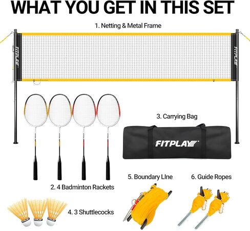 مجموعة كرة الريشة للفناء الخلفي، شبكة كرة الريشة المحمولة مع 4 مضارب كرة الريشة، 3 مضارب كرة الريشة، خط حدودي وحقيبة حمل مقاومة للماء 600D للحديقة والشاطئ والخارج in Kuwait