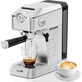 20 Bar Espresso Machine, [2-In-1] Pro Coffee and Espresso Maker with Pressure Gauge/Milk Frother Steam Wand, 1300w Stainless Steel Espresso Coffee Maker with NTC&Pre-Infusion, Latte,Cappuccino