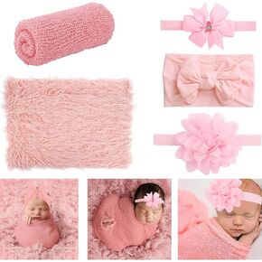 AOKE Newborn Photography Props, 5 PCS Baby Photo Props Long Ripple Wraps with Headbands, Pink Baby Photography Wrap Set for Baby Girl and Boy