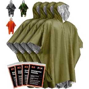 PREPARED4X Emergency Poncho with Mylar Blanket Liner – Heavy Duty, Waterproof, Wind-Resistant Green Rain Poncho for Outdoors, Camping, and Car Emergency Kits - Thermal Poncho