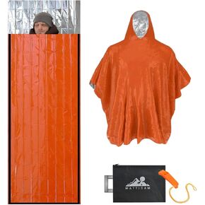 Emergency Sleeping Bag with Hood & Emergency Rain Poncho [2PCS], Ultralight Waterproof Thermal Mylar Foil Space Blanket Survival for Hiking Backpacking Camping