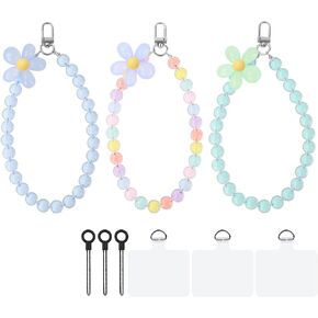 AULEEP 3PCS Phone Charm for Women Girls, Flower Phone Wrist Strap Cute Phone Wristlet Crystal Beaded Phone Charms Strap Colorful Phone Bracelet Strap Handmade Phone Chain for iPhone(Blue/Green)